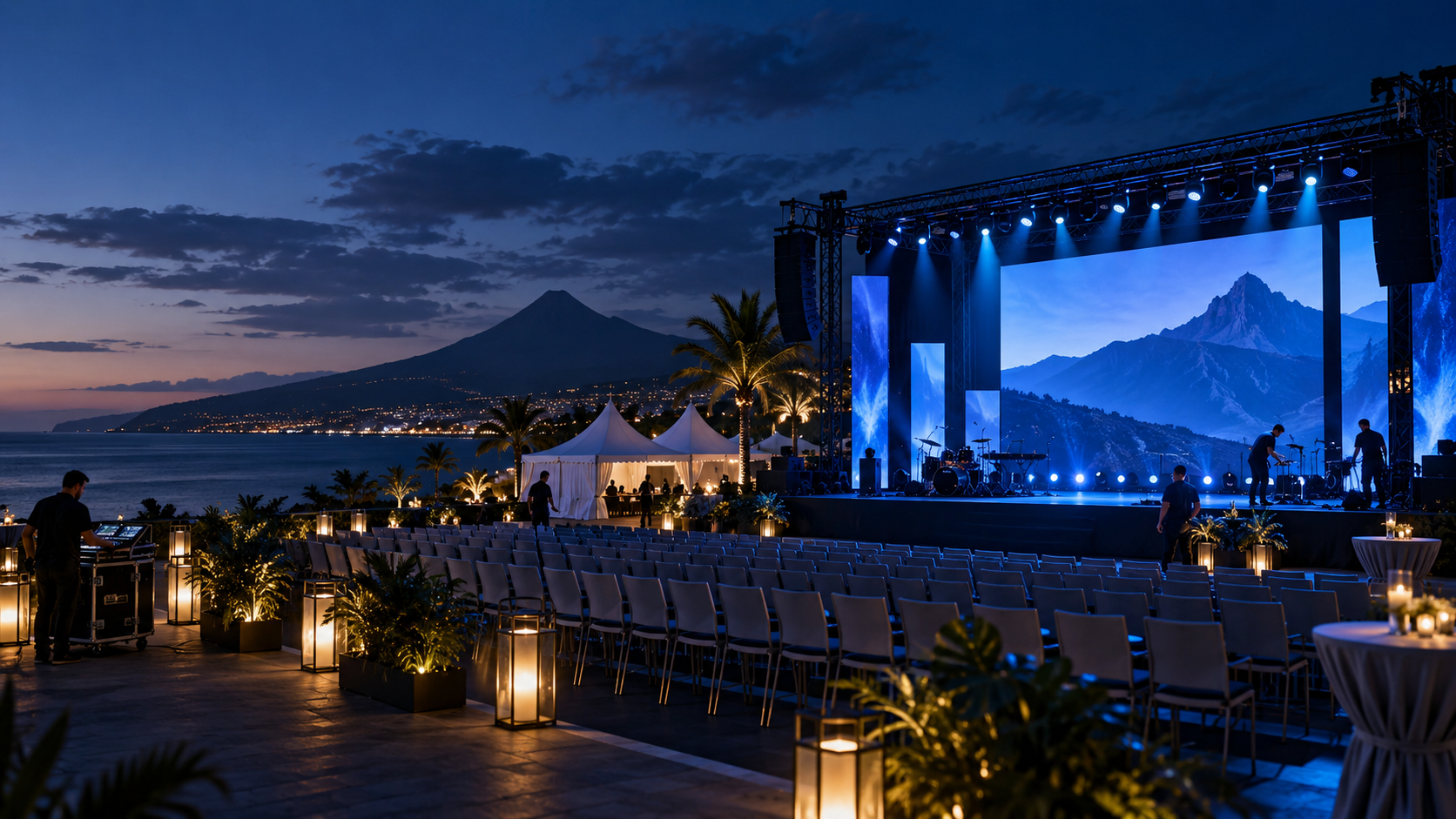 Montaje profesional de escenario, iluminación y pantalla LED para un evento en Tenerife